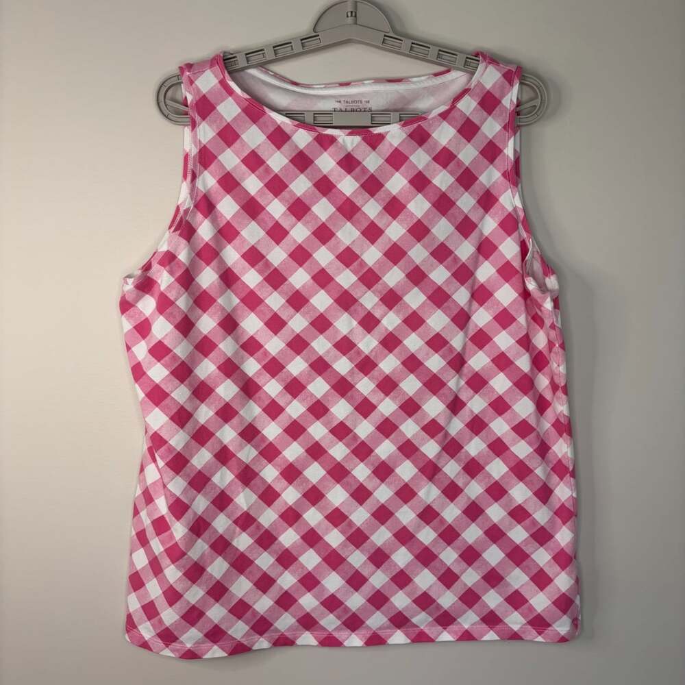 Talbots sleeveless tee womens XL pink white check stretch gingham cottage